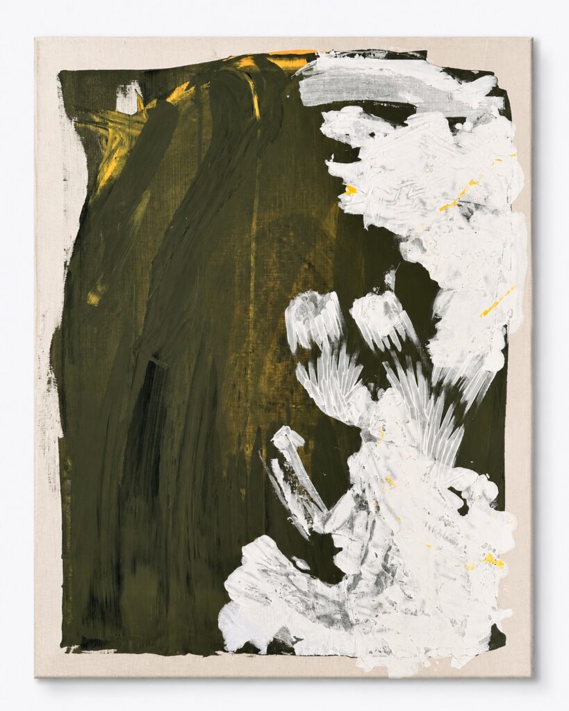 Abstract canvas with deep green field and white impasto marks