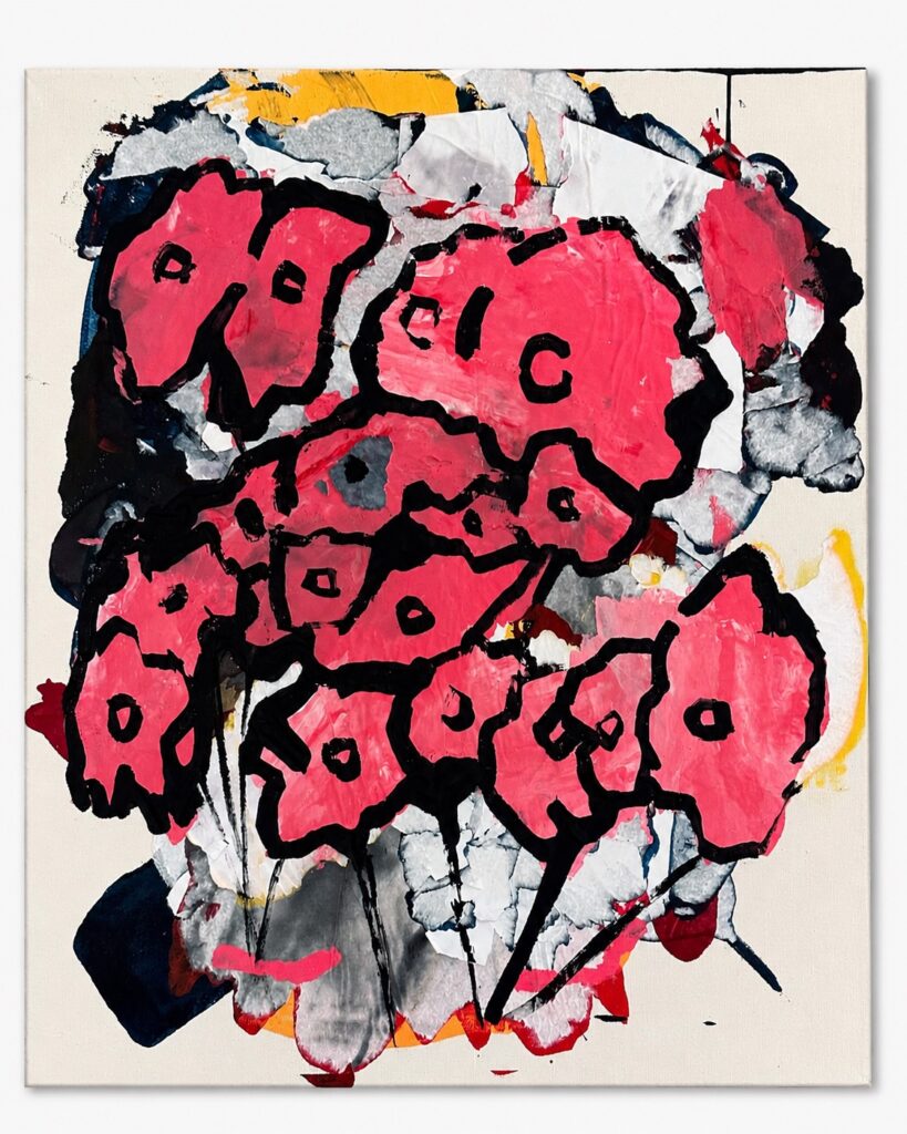 Abstract canvas with pink heads and black line work