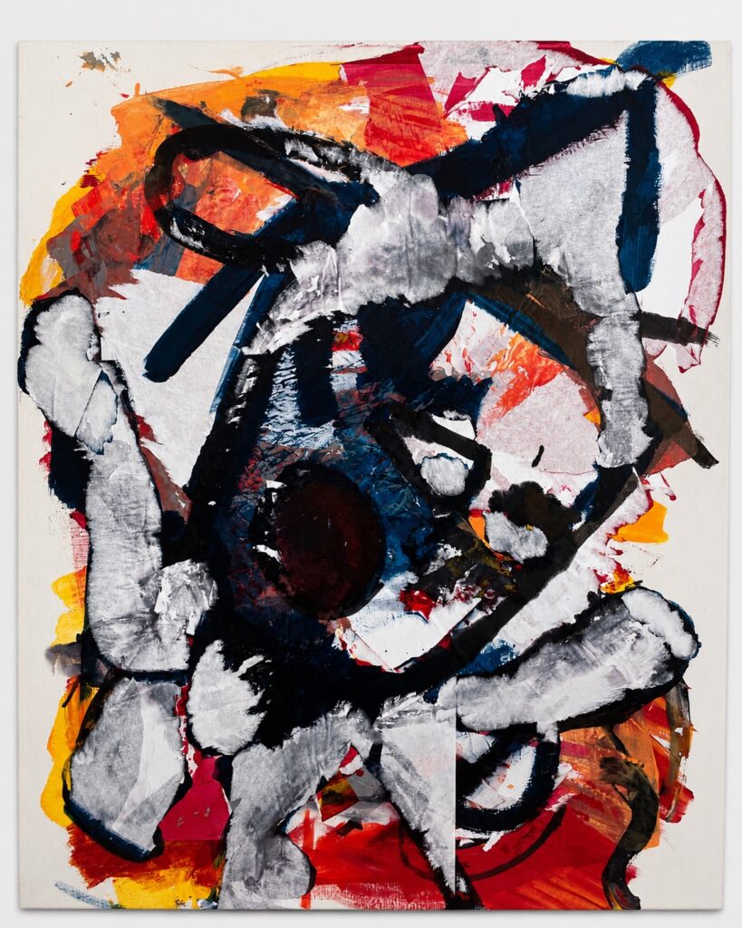 Abstract canvas with black blue red and white forms