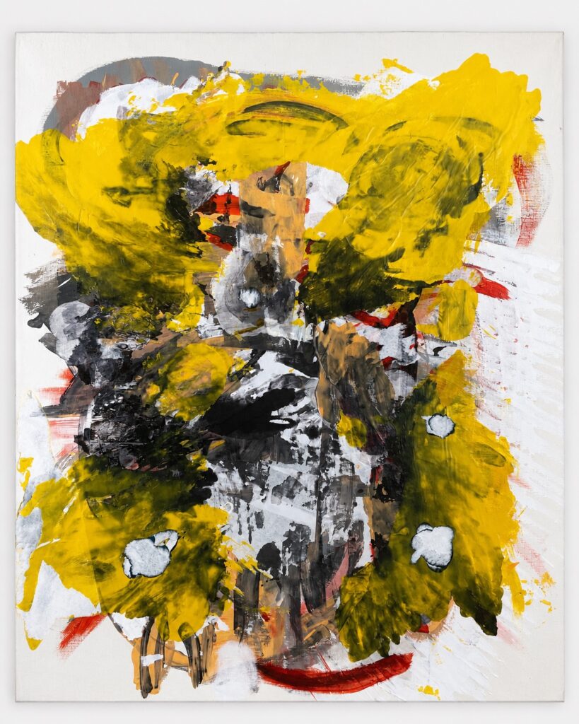 Abstract canvas with yellow wings and dark central body