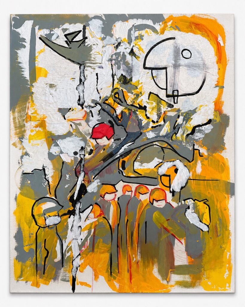 Abstract yellow grey canvas with figures and black line