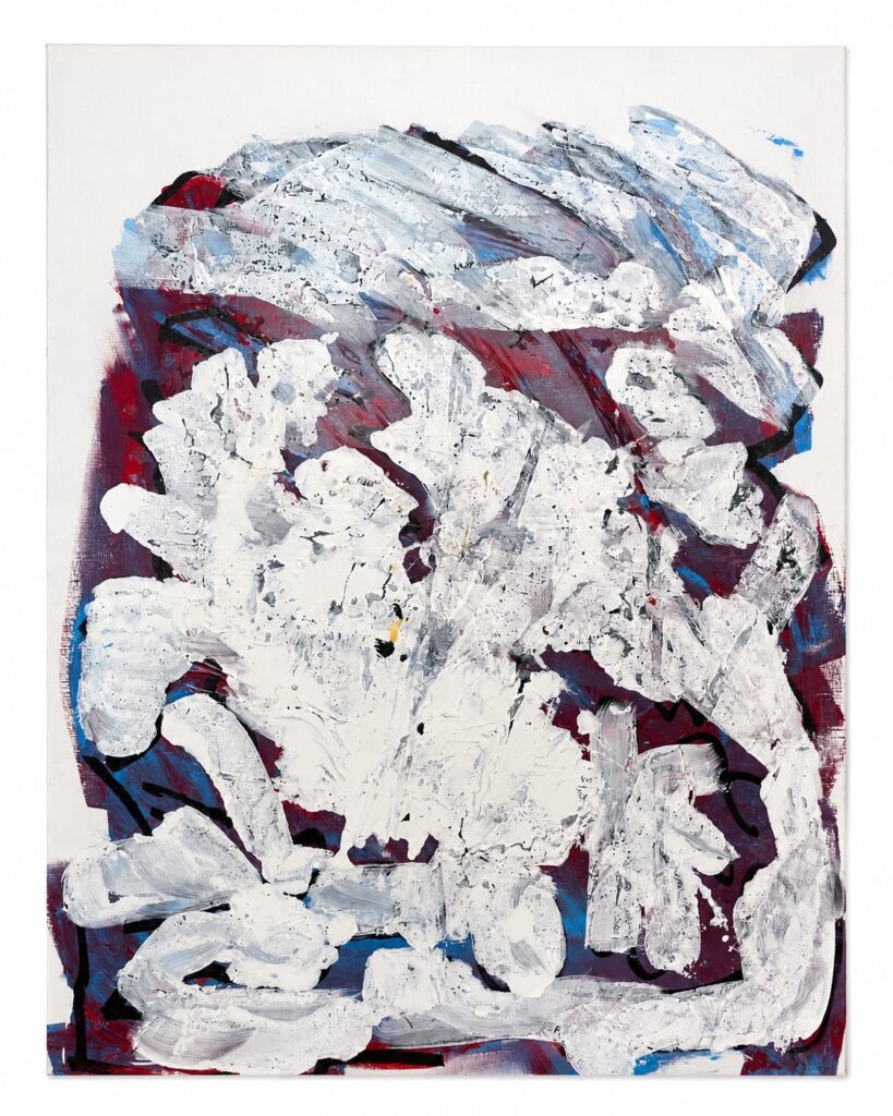 Abstract canvas with white impasto over burgundy blue and black forms