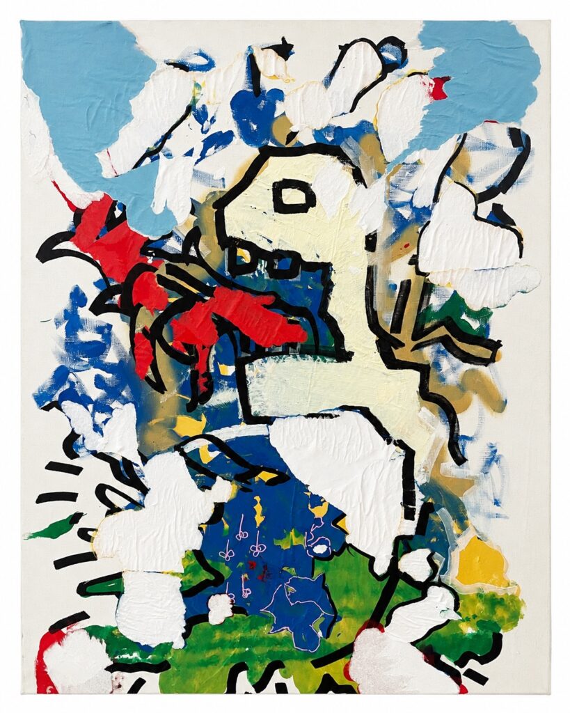 Abstract canvas with blue red green and white figures outlined in black