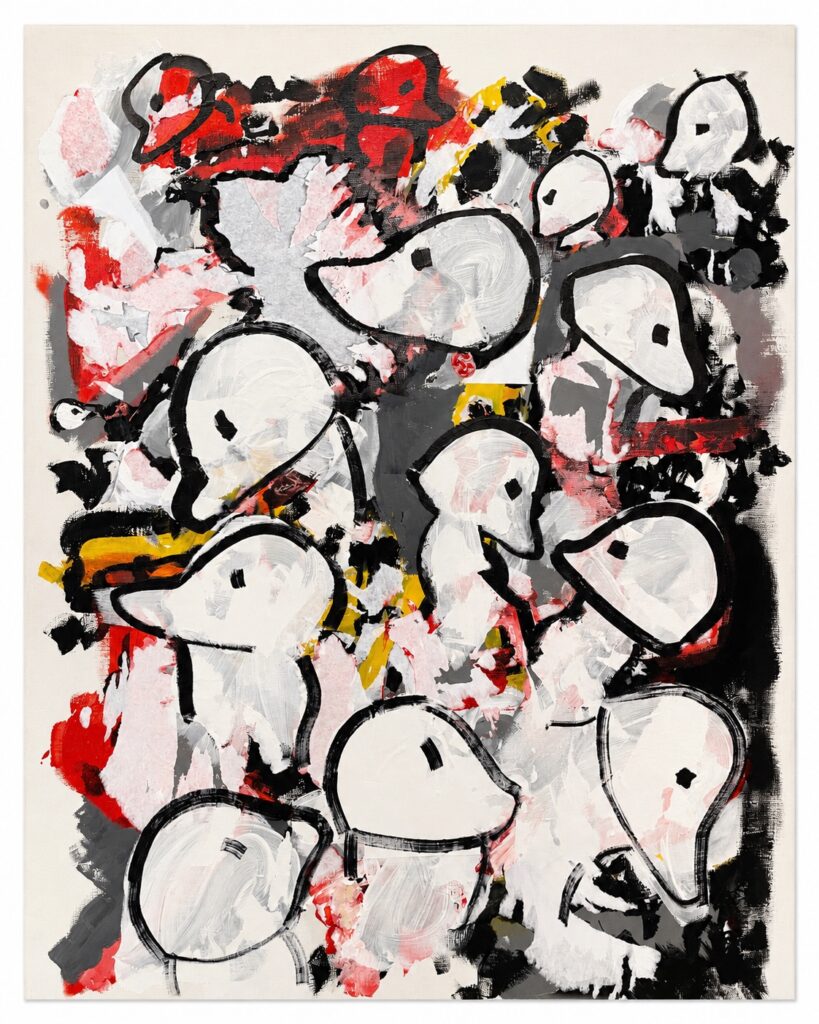 Abstract canvas with pale heads black outlines and red grey and yellow fragments